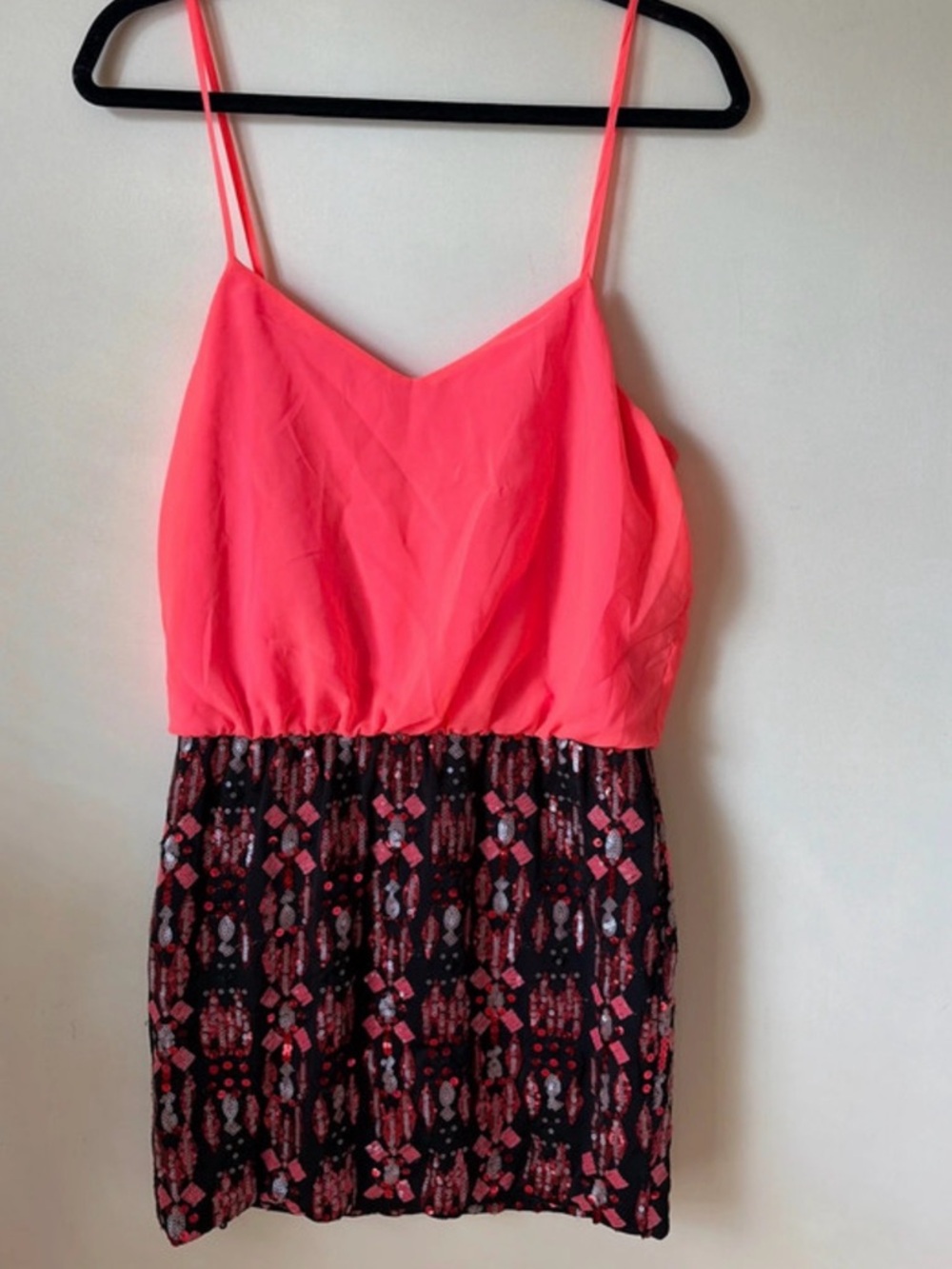 Neon Coral Spaghetti Strap Dress with Patterned Skirt